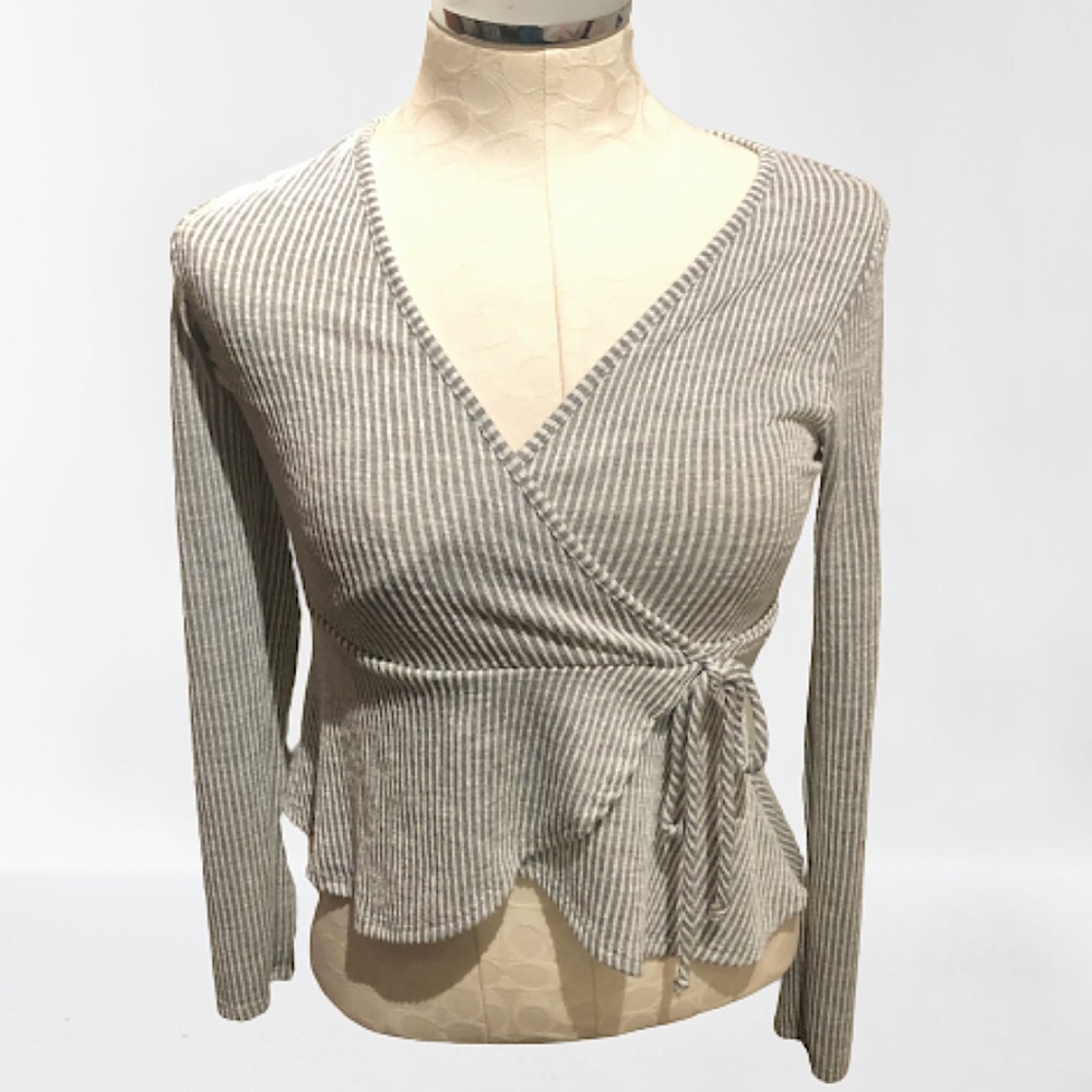 NWOT Gray White Striped Peplum Wrap Top Gray